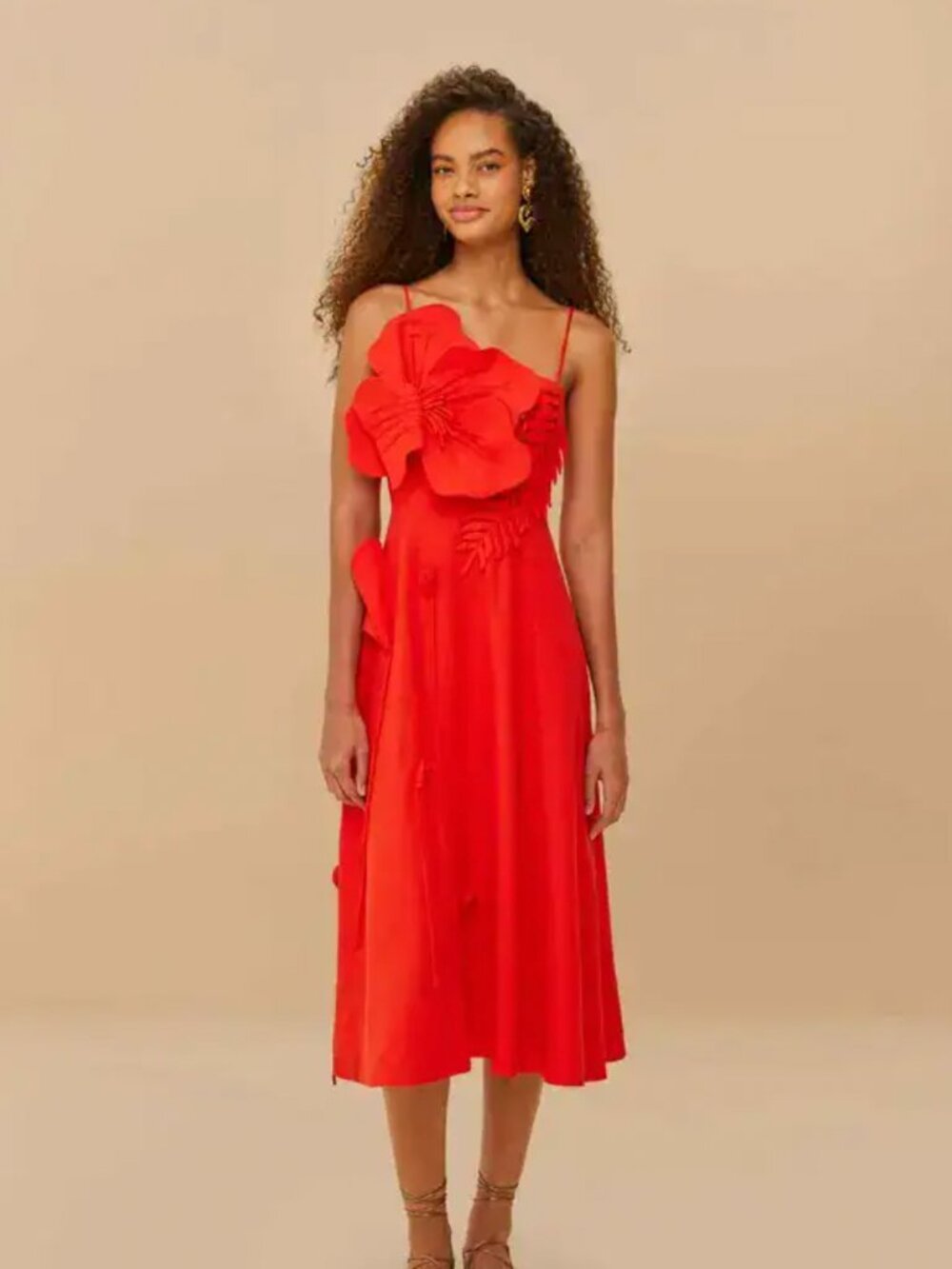 NWT Farm Rio Red Garden Lenzing Appliqué 3D Flower Midi Dress